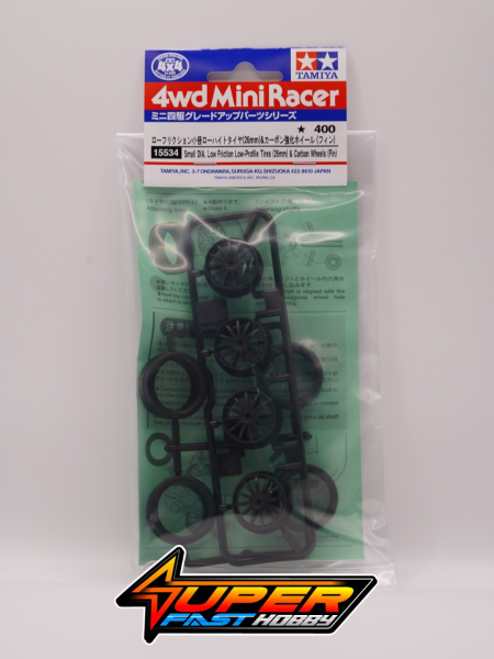 TAMIYA 15534 SMALL DIA. LOW FRICTION LOW-PROFILE TIRES (26mm) & CARBON WHEELS (FIN)