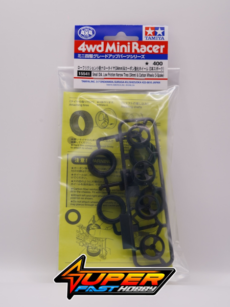 TAMIYA 15541 SMALL DIA. LOW FRICTION NARROW TIRES (24mm) & CARBON WHEELS (3-SPOKE)