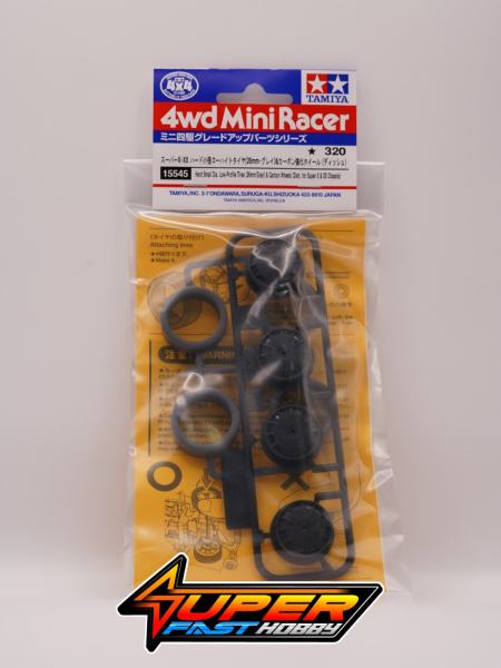 TAMIYA 15545 HARD SMALL DIA. LOW-PROFILE TIRES (26mmGRAY) & CARBON WHEELS (DISH, for SUPER X & XX CHASSIS)