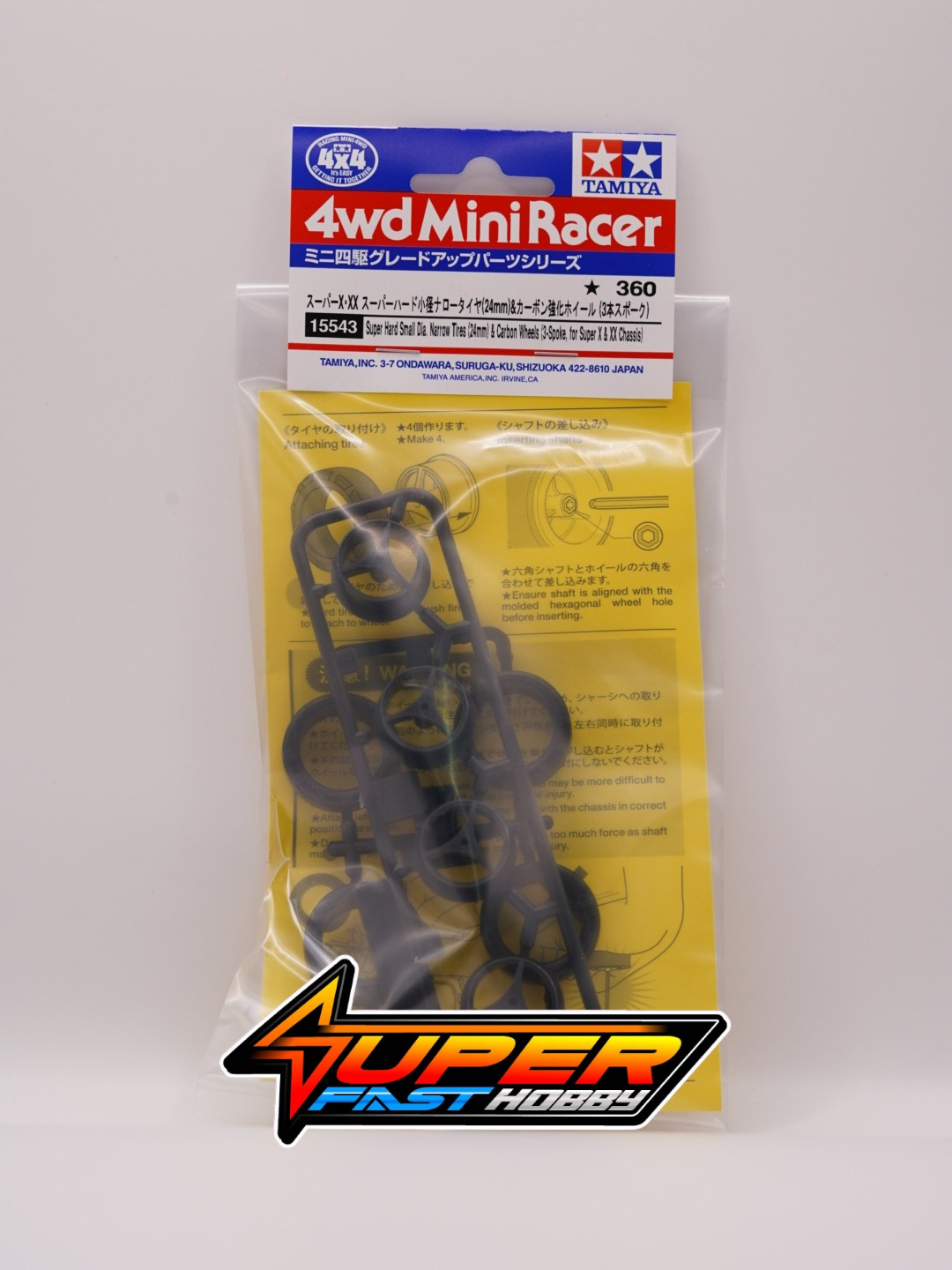 TAMIYA 15543 SUPER HARD MALL DIA. NARROW TIRES (24mm) & CARBON WHEELS (3-SPOKE, FOR SUPER X & XX CH