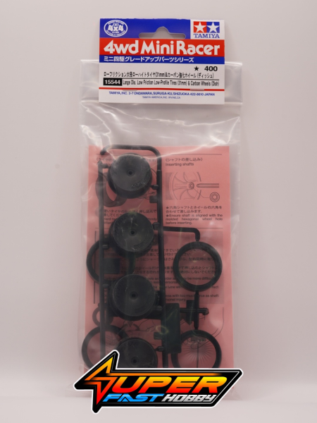 TAMIYA 15544 LARGE DIA. LOW FRICTION LOW-PROFILE TIRES (31mm) & CARBON WHEELS (DISH)