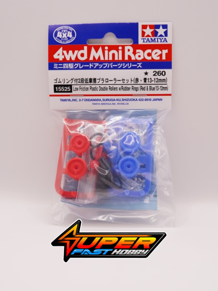 TAMIYA 15525 LOW FRICTION PLASTIC DOUBLE ROLLERS w/RUBBER RINGS (RED & BLUE/13-12mm)
