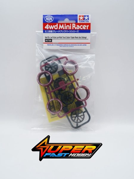 TAMIYA 95708 SMALL DIA. LOW FRICTION LOW-PROFILE TIRES & CARBON Y-SPOKE WHEELS (ASIA CHALLENGE)