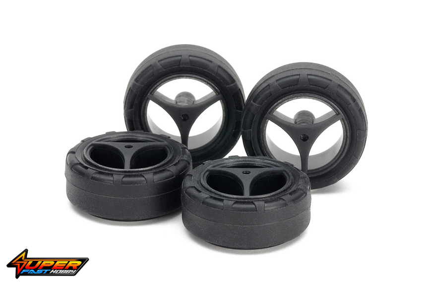 TAMIYA 15543 SUPER HARD MALL DIA. NARROW TIRES (24mm) & CARBON WHEELS (3-SPOKE, FOR SUPER X & XX CH - Image 3