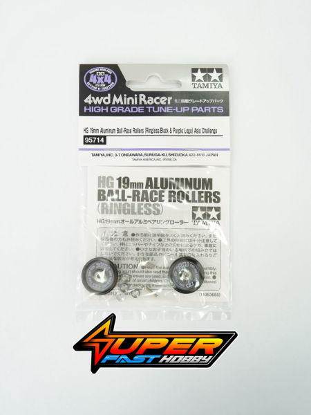 TAMIYA 95714 HG 19mm ALUMINUM BALL-RACE ROLLERS ( RINGLESS BLACK & PURPLE LOGO) ASIA CHALLENGE