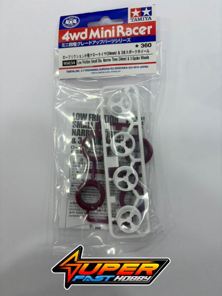 TAMIYA 95634 LOW FRICTION SMALL DIA. NARROW TIRES (24mm) & 3 SPOKE WHEELS